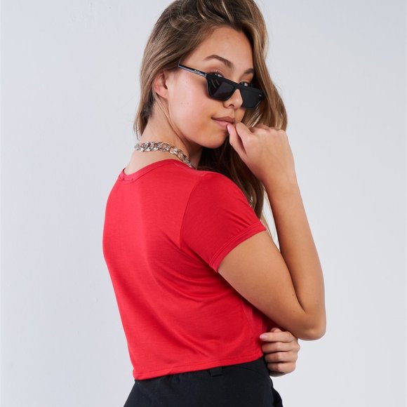 Red "FRIES OVER GUYS" Graphic Studs Detail CropTop - Picture 3 of 5